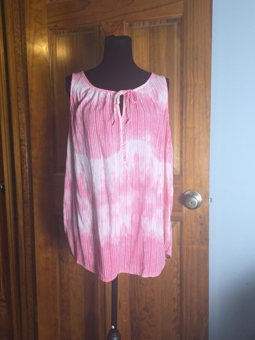 Pink, White, Sleeveless, Vertical Stripes, Challis Tank Top, Medium